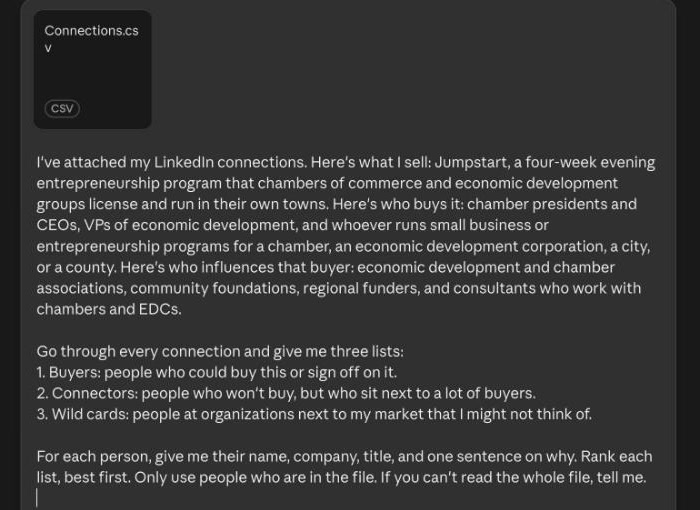 The prompt pasted into Claude with Connections.csv attached
