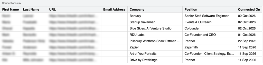 Connections.csv columns: first name, last name, URL, email, company, position, connected on, with names blurred