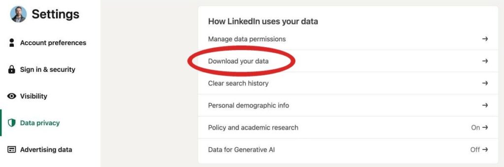 LinkedIn Data privacy settings with Download your data circled